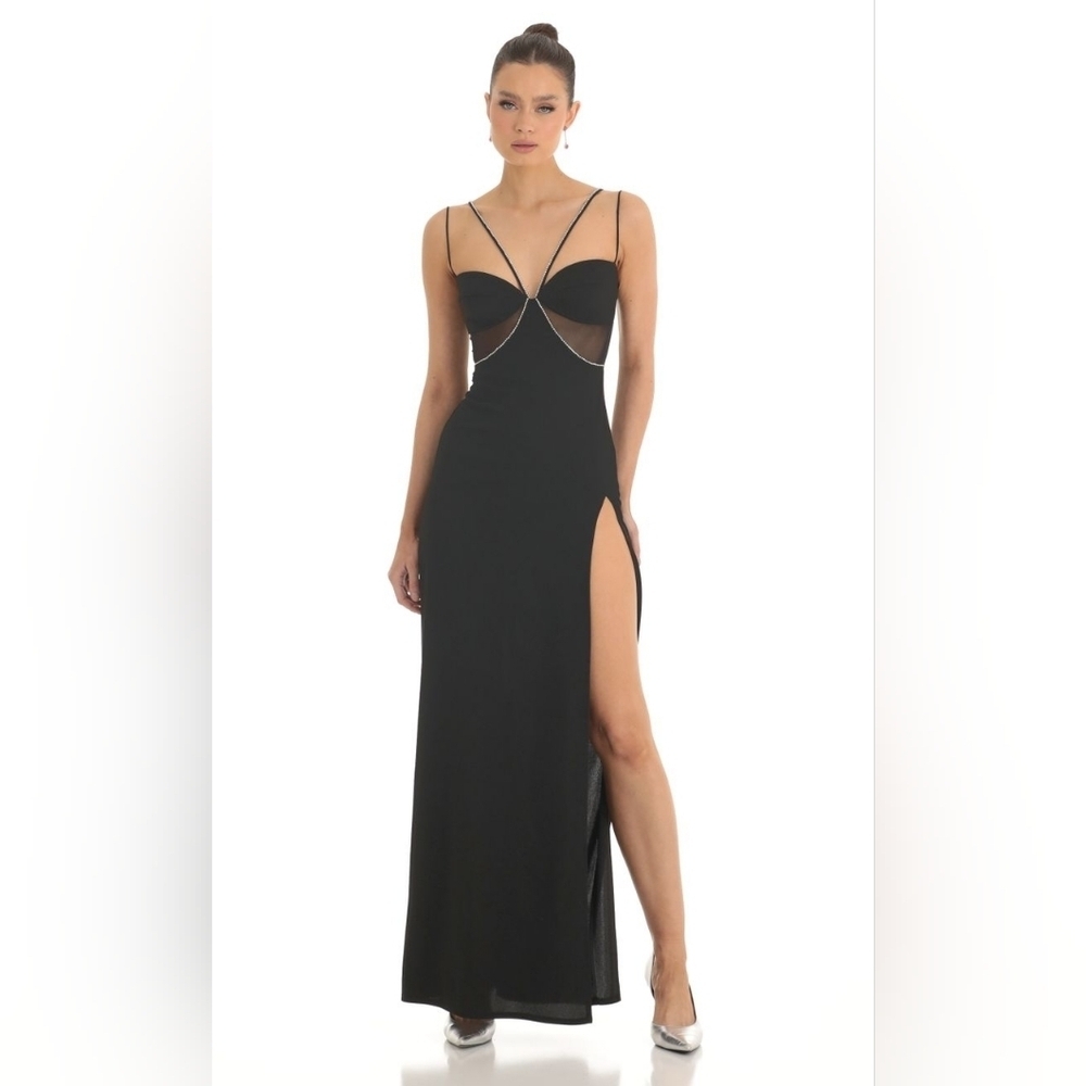 Lucy In The Sky Rhinestone Crepe Cutout Maxi Dress in Black